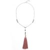 Beaded Chain Necklace with Flowering Hearts and Tassel End - Silver/Pink