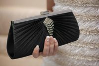 Black Satin Clutch Bag With Crystal Decoration